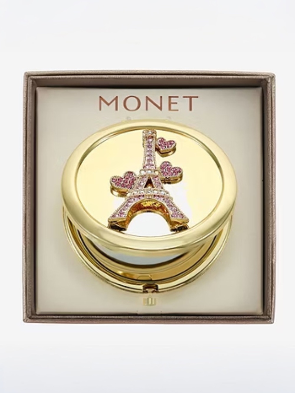 NIB Monet Gold Eiffel Tower Rhinestone Compact Mirror - Picture 2 of 8